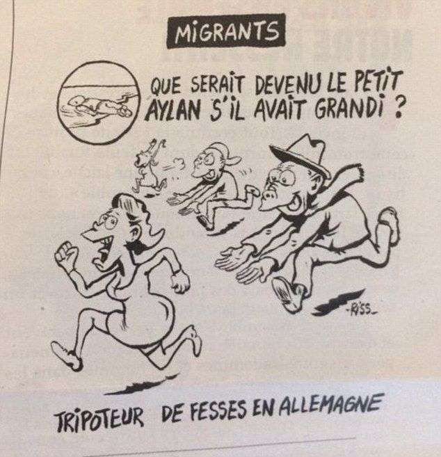 Сатиричний журнал Charlie Hebdo намалював карикатуру на потонулого сирійського хлопчика (2 фото)